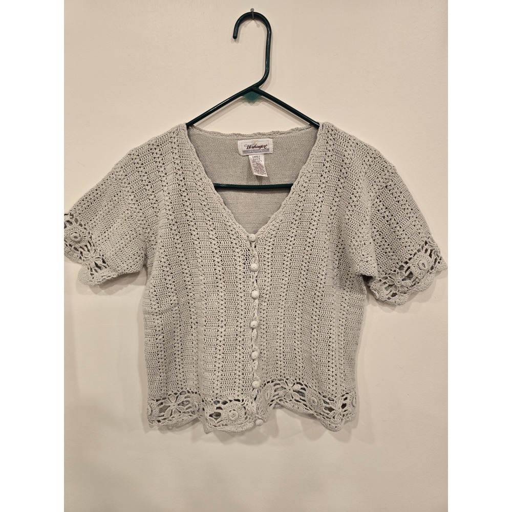 Worthington‎ Petite Crochet Cardigan Oatmeal Cottagecore Small Button Knit